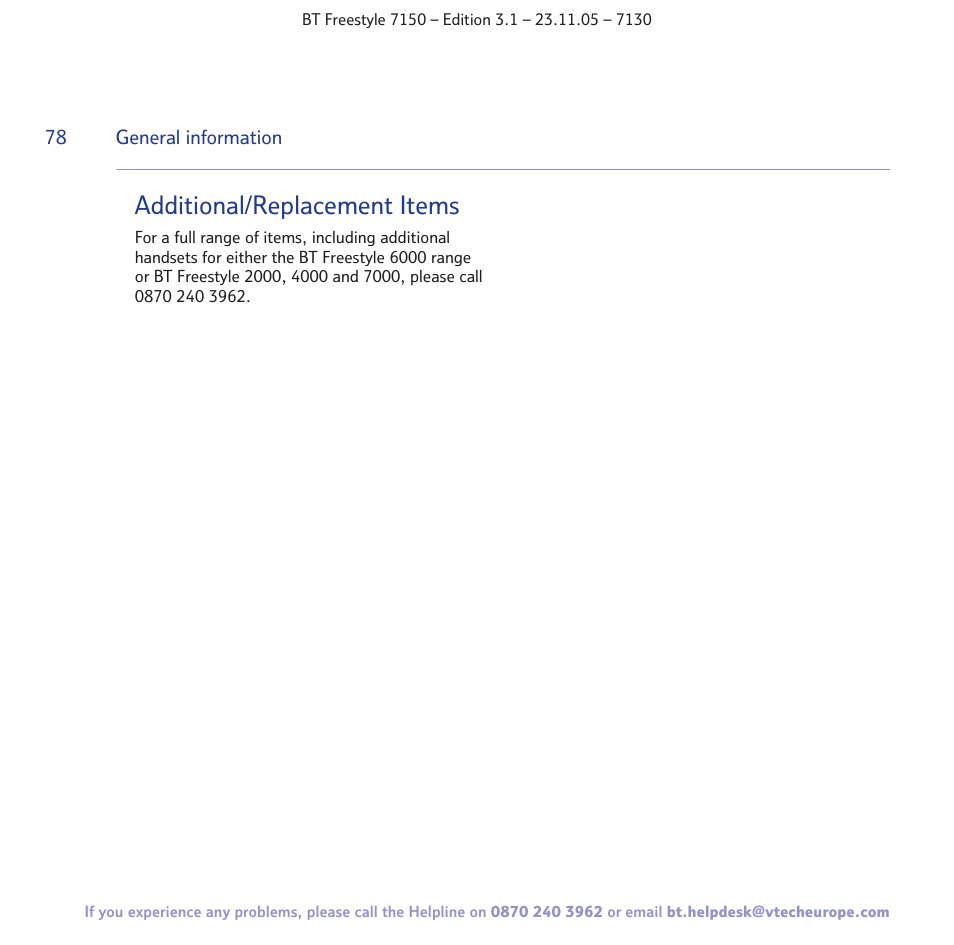 Additional/replacement items | BT 7150 User Manual | Page 78 / 80