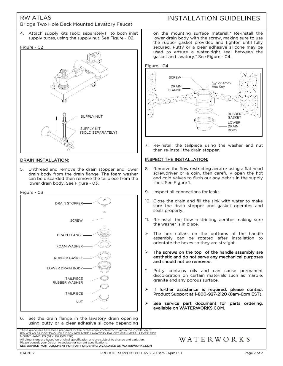 Installation guidelines, Rw atlas | Waterworks R.W. Atlas Bridge Two Hole Deck Mounted Lavatory Faucet with Metal Lever Side Mount Handles User Manual | Page 2 / 2