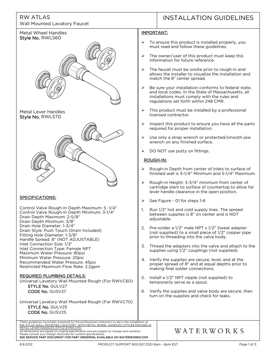 Waterworks R.W. Atlas Low Profile Three Hole Wall Mounted Lavatory Faucet with Metal Lever Handles User Manual | 10 pages