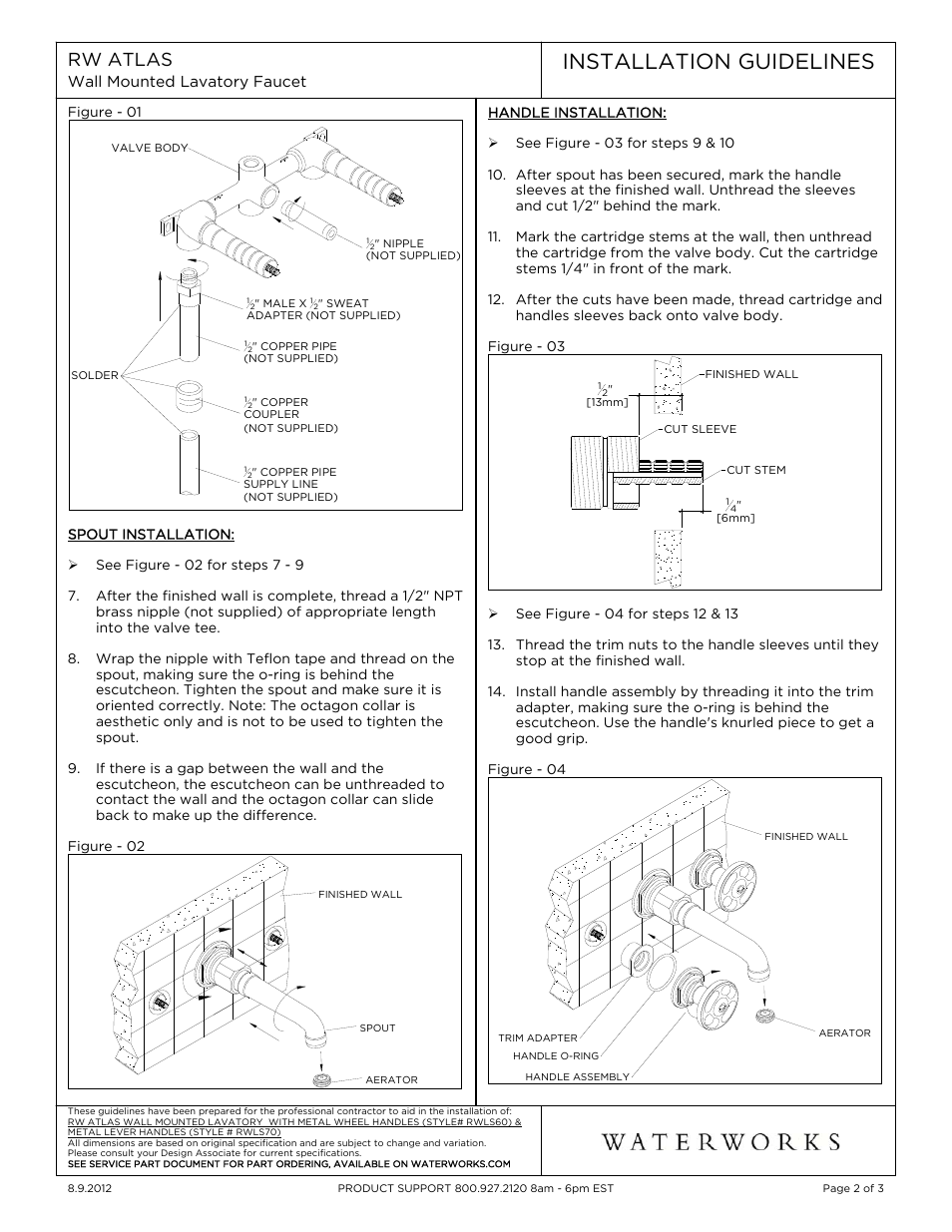 Installation guidelines, Rw atlas | Waterworks R.W. Atlas Low Profile Three Hole Wall Mounted Lavatory Faucet with Metal Lever Handles User Manual | Page 2 / 10