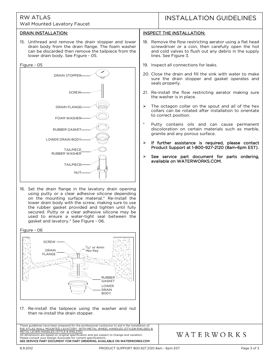 Installation guidelines | Waterworks R.W. Atlas Low Profile Three Hole Wall Mounted Lavatory Faucet with Metal Lever Handles User Manual | Page 3 / 10