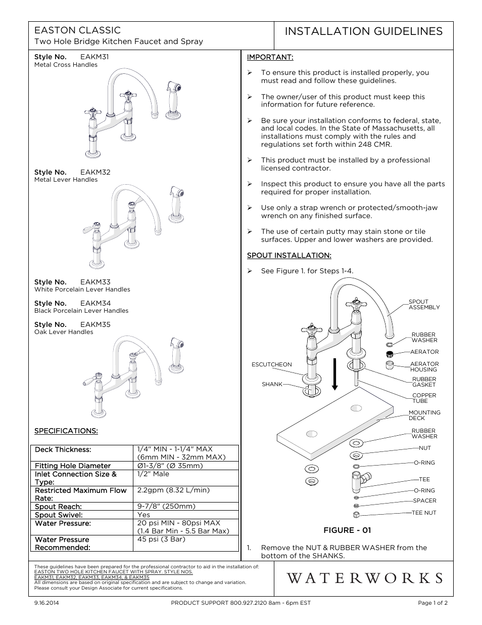 Waterworks Easton Classic Two Hole Bridge Gooseneck Kitchen Faucet, Oak Lever Handles and Spray User Manual | 2 pages