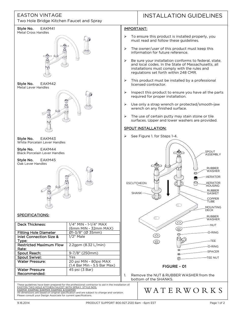 Waterworks Easton Vintage Two Hole Bridge Gooseneck Kitchen Faucet, Oak Lever Handles and Spray User Manual | 2 pages