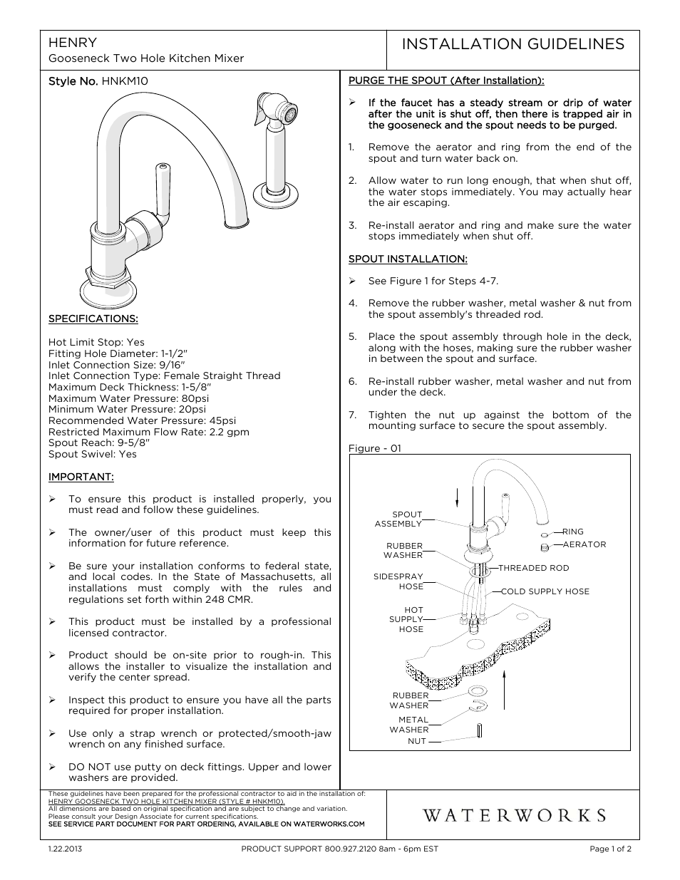 Waterworks Henry One Hole Gooseneck Kitchen Faucet, Metal Lever Handles and Spray User Manual | 2 pages