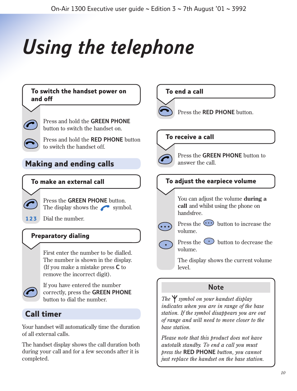 Using the telephone, Making and ending calls, Call timer | BT 1300 Executive User Manual | Page 11 / 41