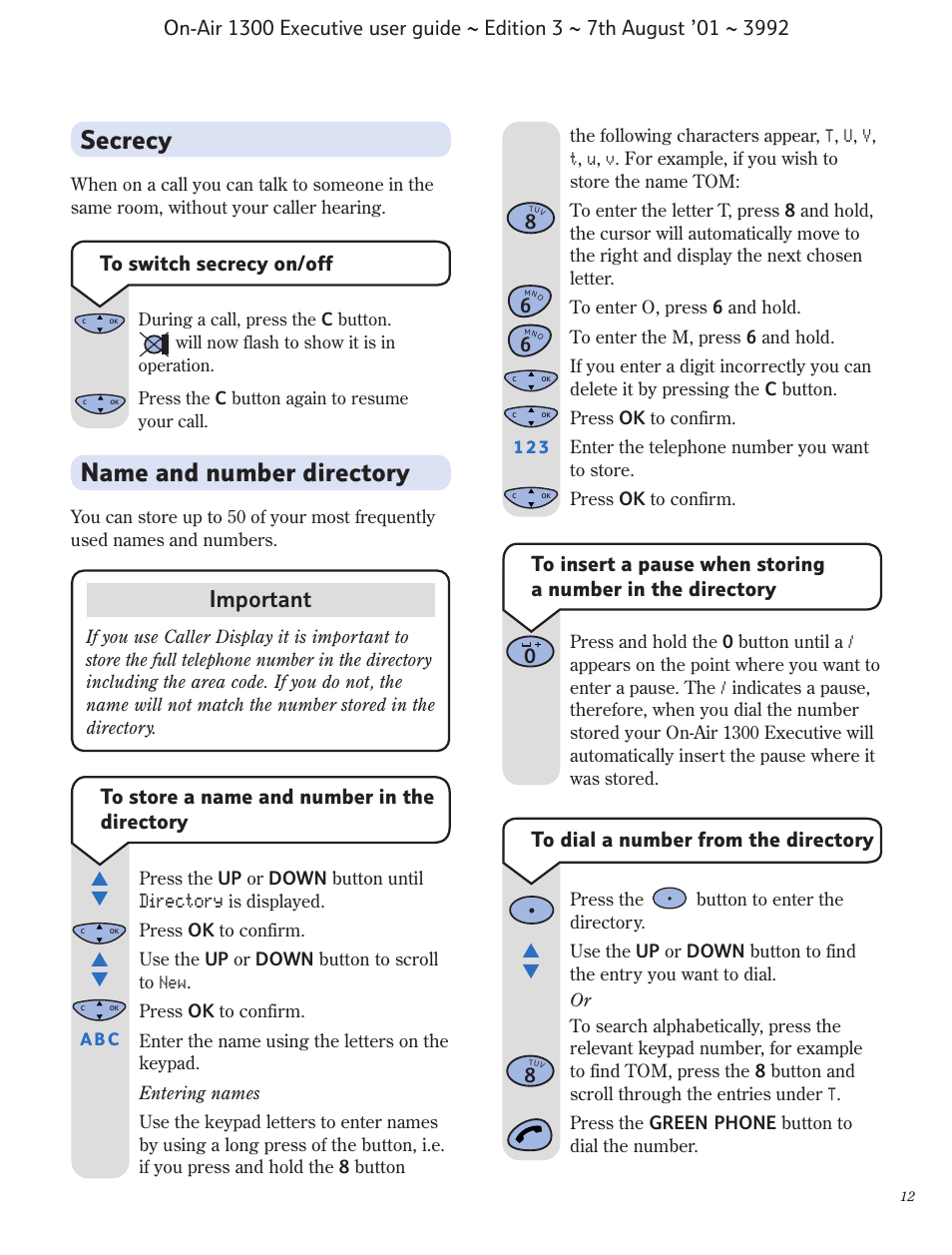 Secrecy, Name and number directory, Important | Directory | BT 1300 Executive User Manual | Page 13 / 41