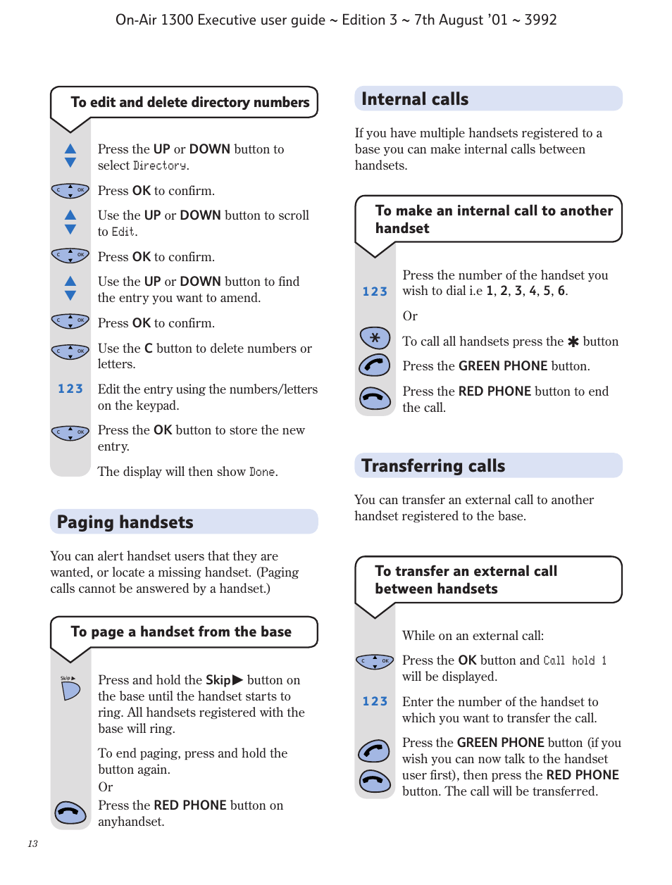 Paging handsets, Internal calls, Transferring calls | BT 1300 Executive User Manual | Page 14 / 41