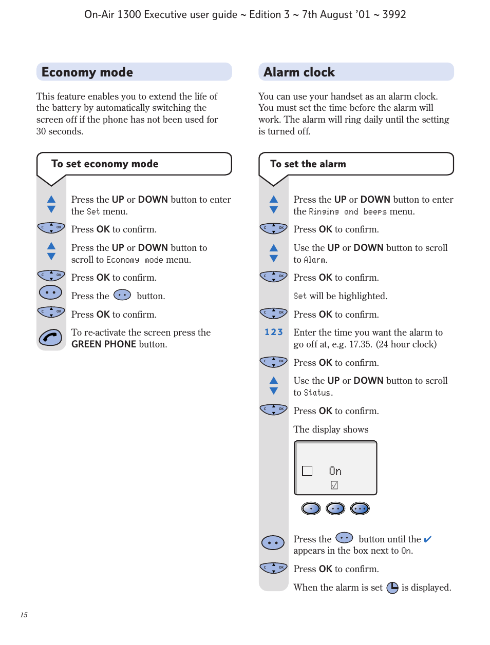 Alarm clock economy mode | BT 1300 Executive User Manual | Page 16 / 41