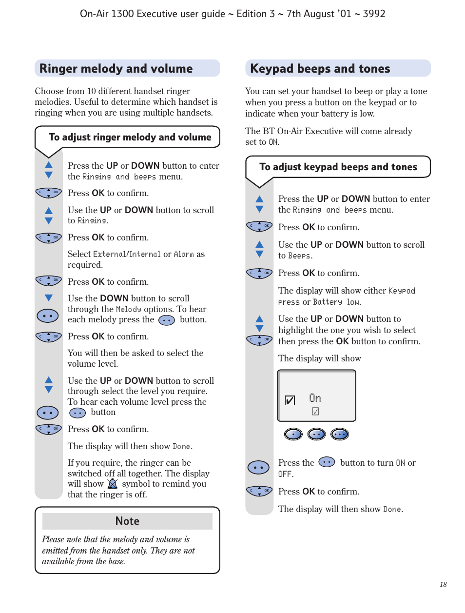 Keypad beeps and tones, Ringer melody and volume | BT 1300 Executive User Manual | Page 19 / 41