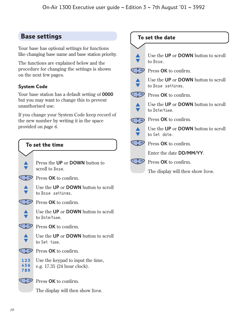 Base settings | BT 1300 Executive User Manual | Page 20 / 41