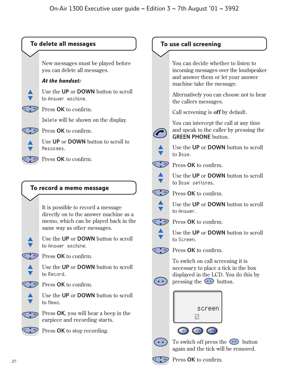 Screen | BT 1300 Executive User Manual | Page 28 / 41