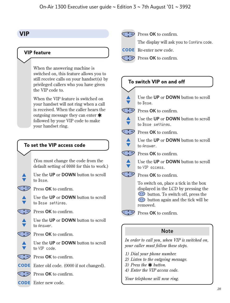 Vip feature | BT 1300 Executive User Manual | Page 29 / 41