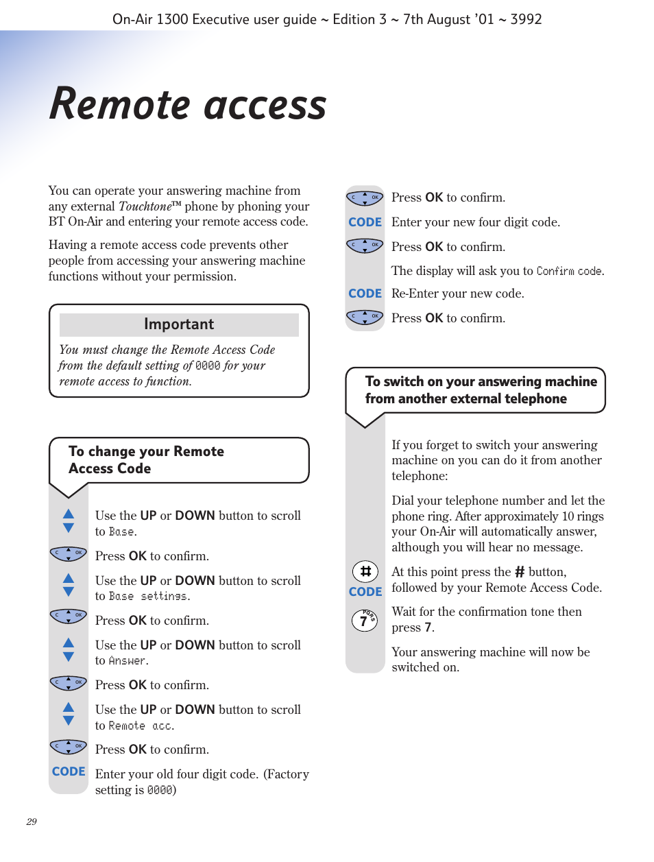 Remote access, Important | BT 1300 Executive User Manual | Page 30 / 41