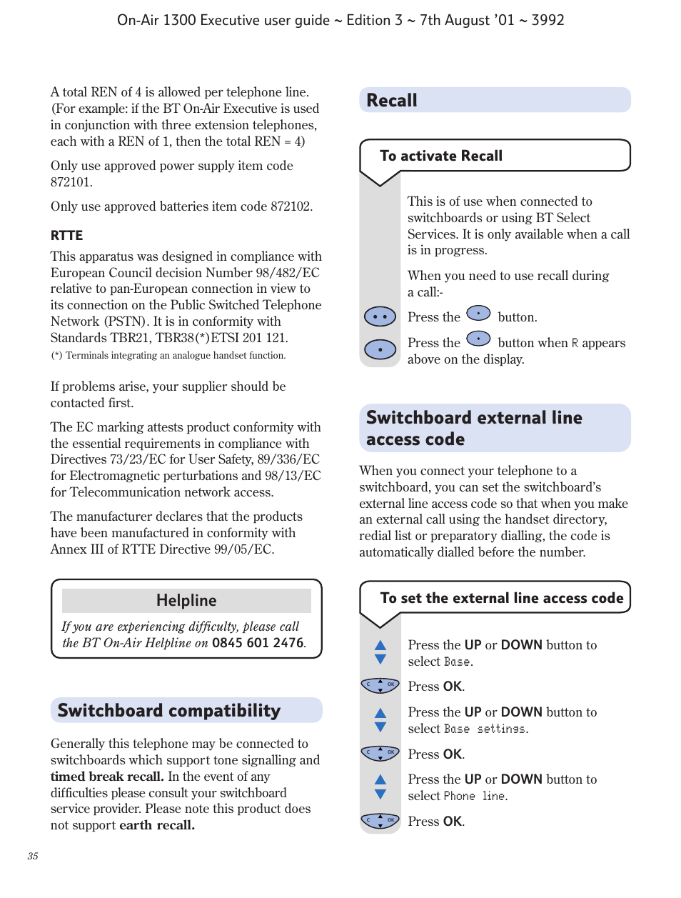 Switchboard compatibility, Recall, Switchboard external line access code | Helpline | BT 1300 Executive User Manual | Page 36 / 41