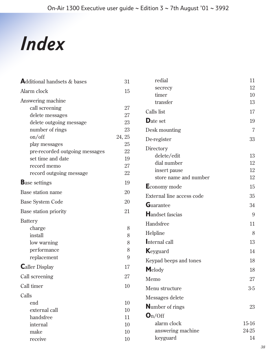 Index | BT 1300 Executive User Manual | Page 39 / 41