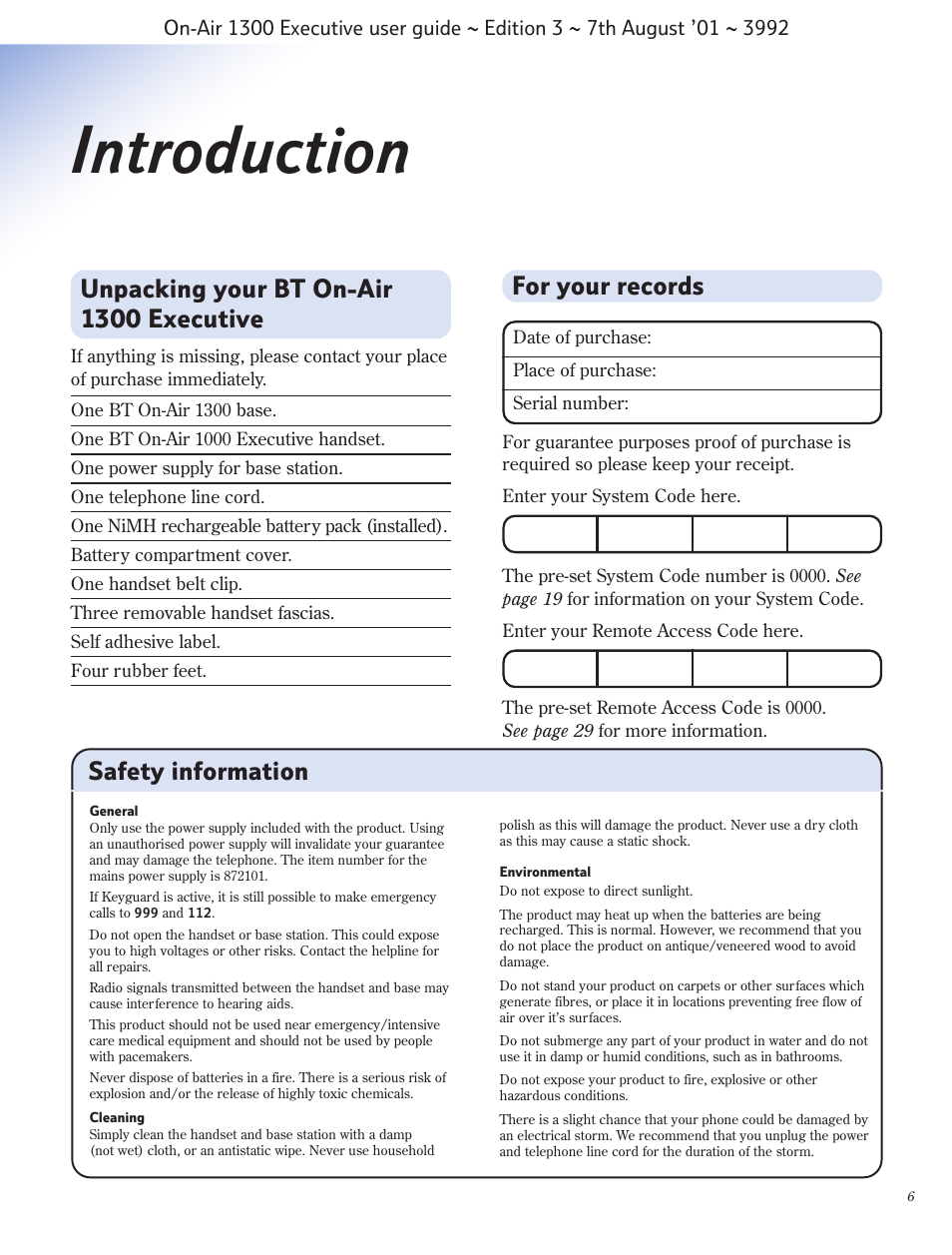 Introduction, Unpacking your bt on-air 1300 executive, For your records | Safety information | BT 1300 Executive User Manual | Page 7 / 41