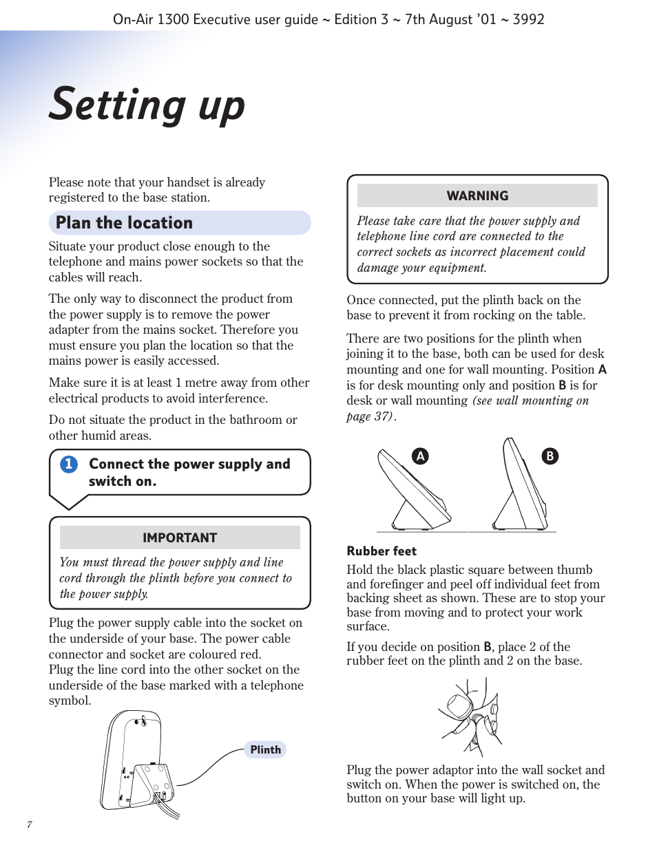 Setting up, Plan the location | BT 1300 Executive User Manual | Page 8 / 41