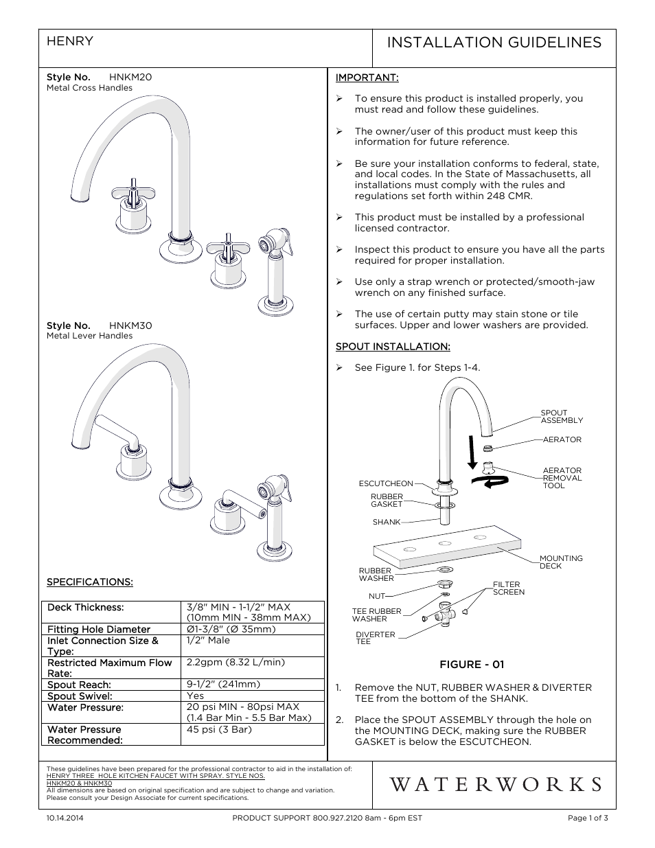 Waterworks Henry Three Hole Gooseneck Kitchen Faucet, Metal Lever Handles and Spray User Manual | 3 pages