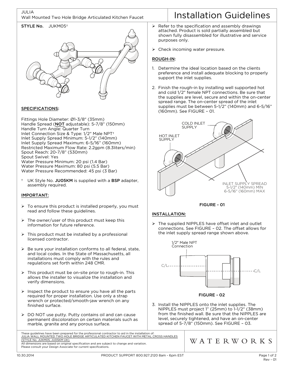 Waterworks Julia Wall Mounted Two Hole Bridge Articulated Kitchen Faucet, Metal Cross Handles User Manual | 2 pages