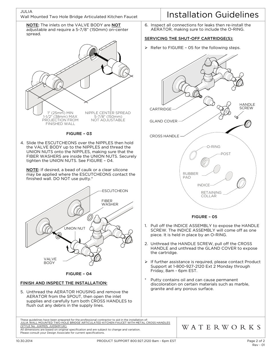 Installation guidelines | Waterworks Julia Wall Mounted Two Hole Bridge Articulated Kitchen Faucet, Metal Cross Handles User Manual | Page 2 / 2