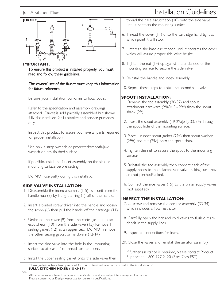 Waterworks Julia Three Hole High Profile Kitchen Faucet, Metal Cross Handles User Manual | 2 pages