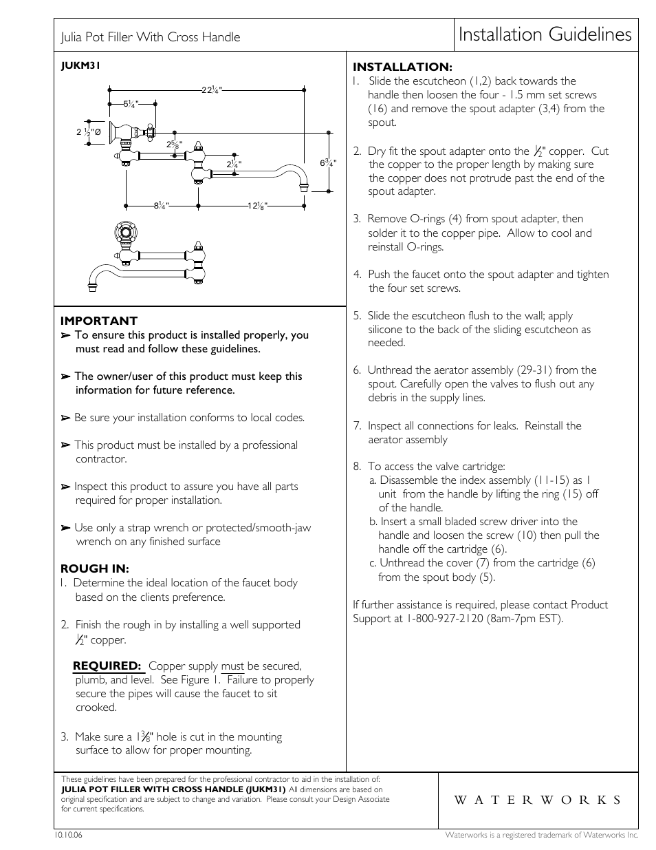 Waterworks Julia Wall Mounted Articulated Pot Filler with Metal Cross Handles User Manual | 3 pages