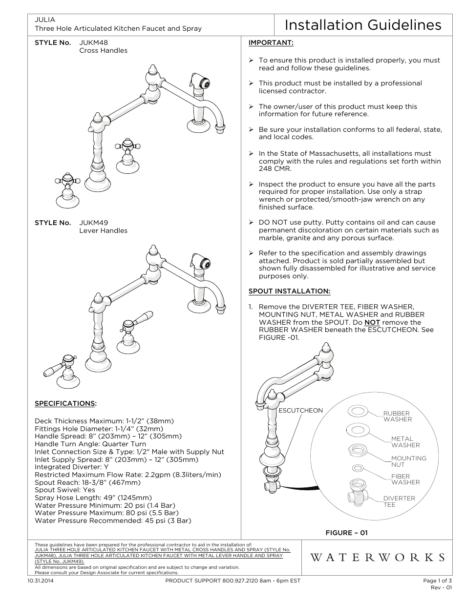 Waterworks Julia Three Hole Articulated Kitchen Faucet, Metal Lever Handles and Spray User Manual | 3 pages