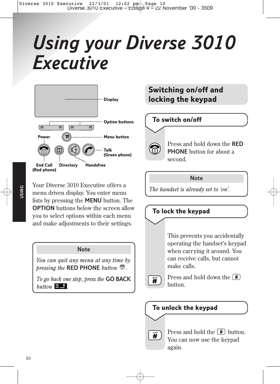 Using your diverse 3010 executive, Switching on/off and locking the keypad | BT 3010 Executive User Manual | Page 14 / 62