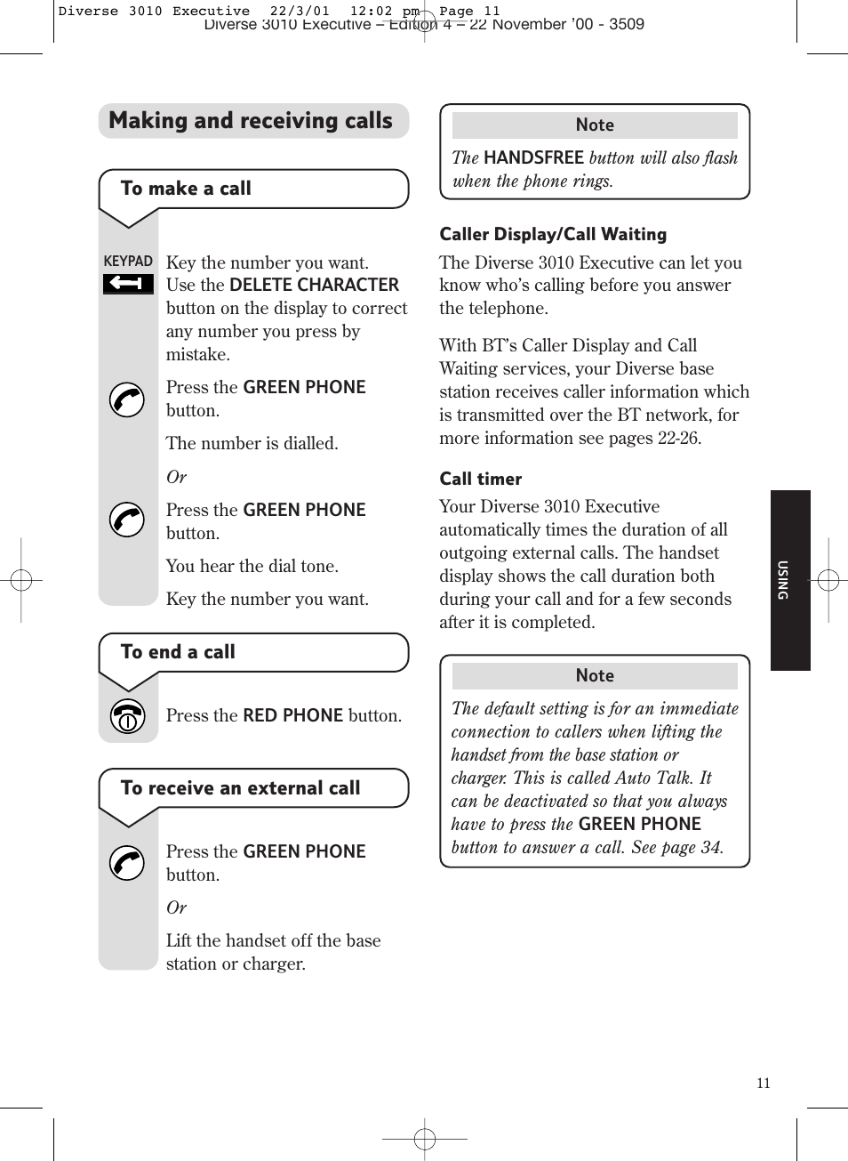 Making and receiving calls | BT 3010 Executive User Manual | Page 15 / 62