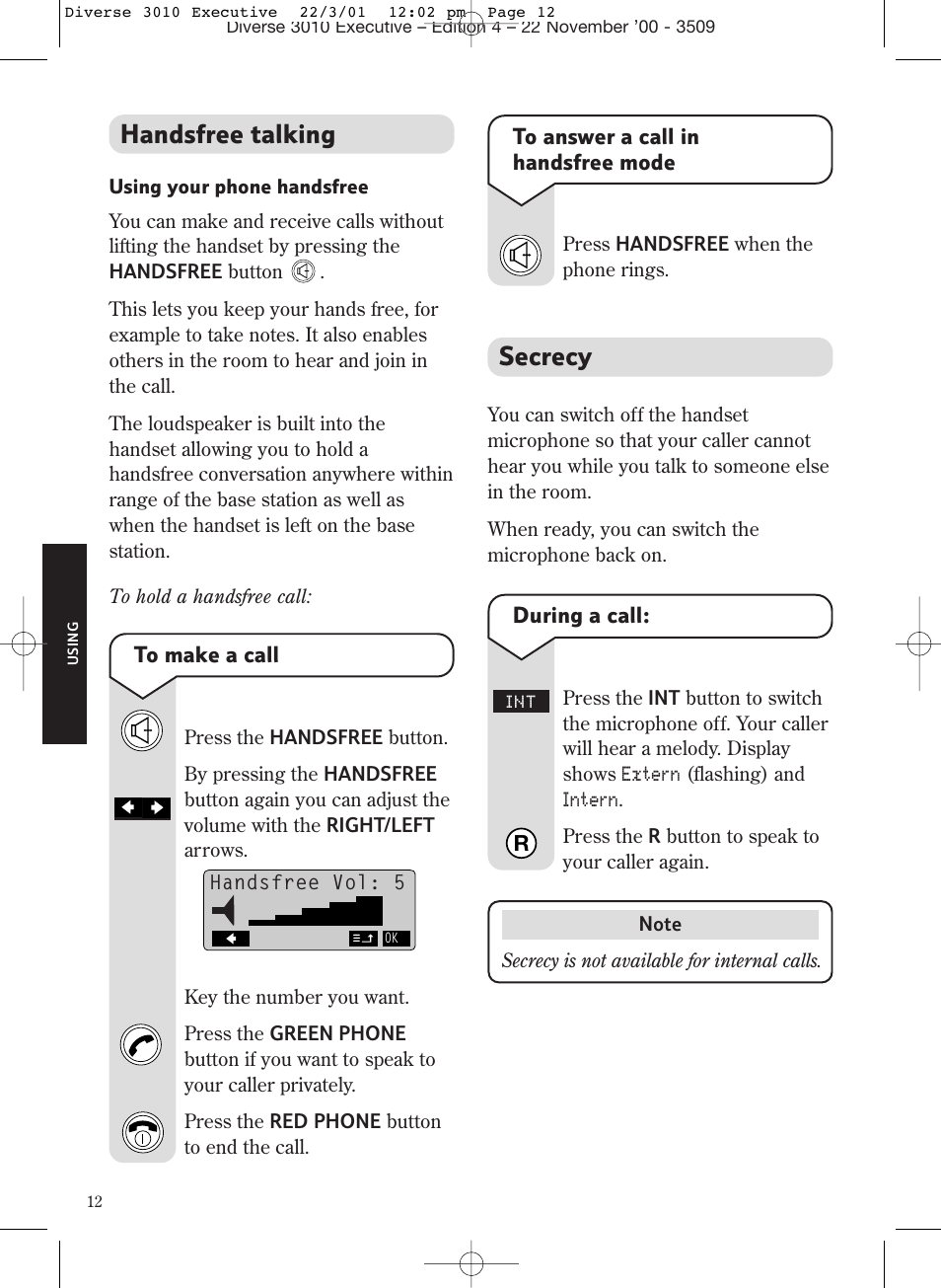 Handsfree talking, Secrecy | BT 3010 Executive User Manual | Page 16 / 62