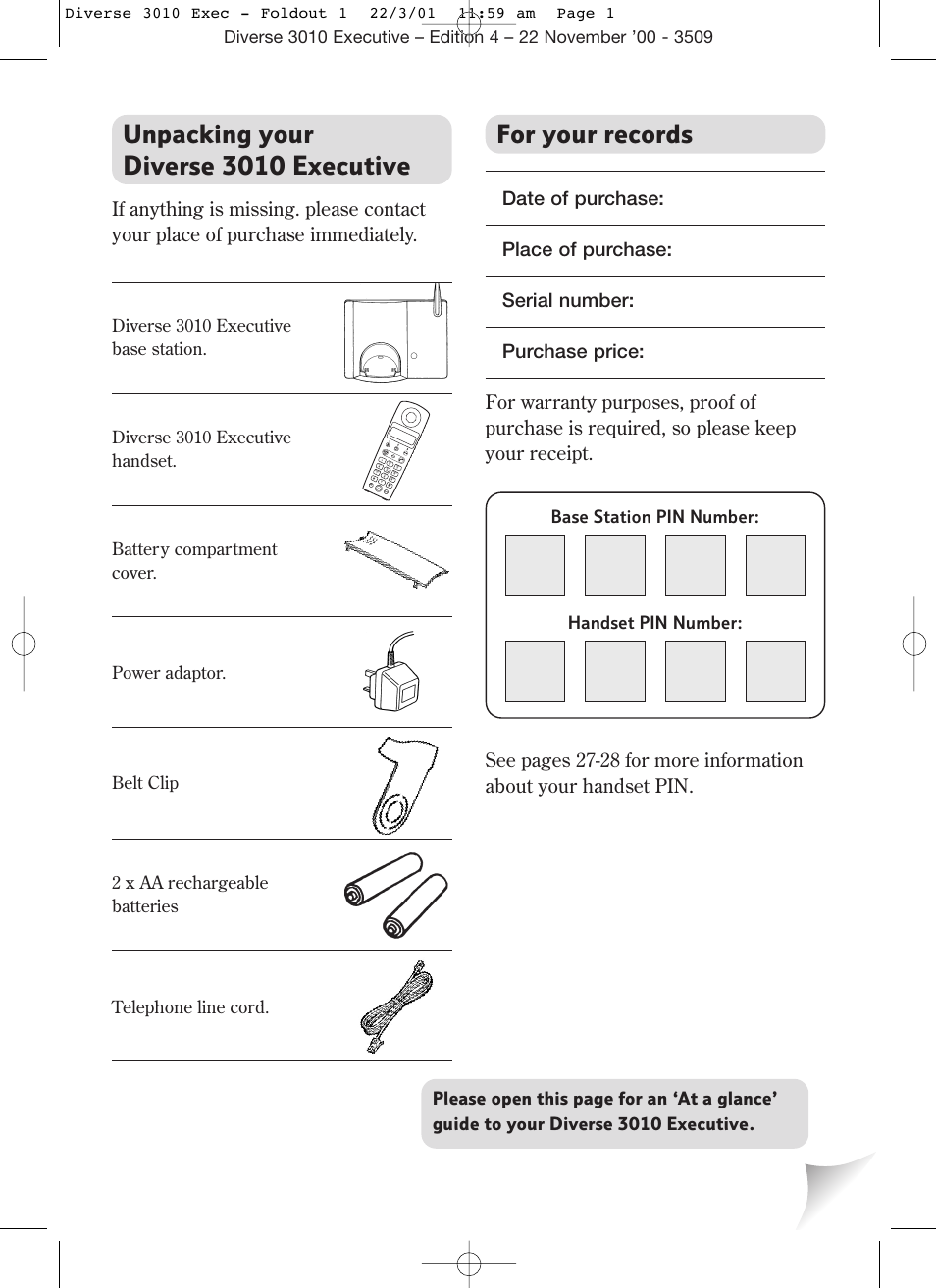 For your records, Unpacking your diverse 3010 executive, Base station pin number: handset pin number | BT 3010 Executive User Manual | Page 2 / 62