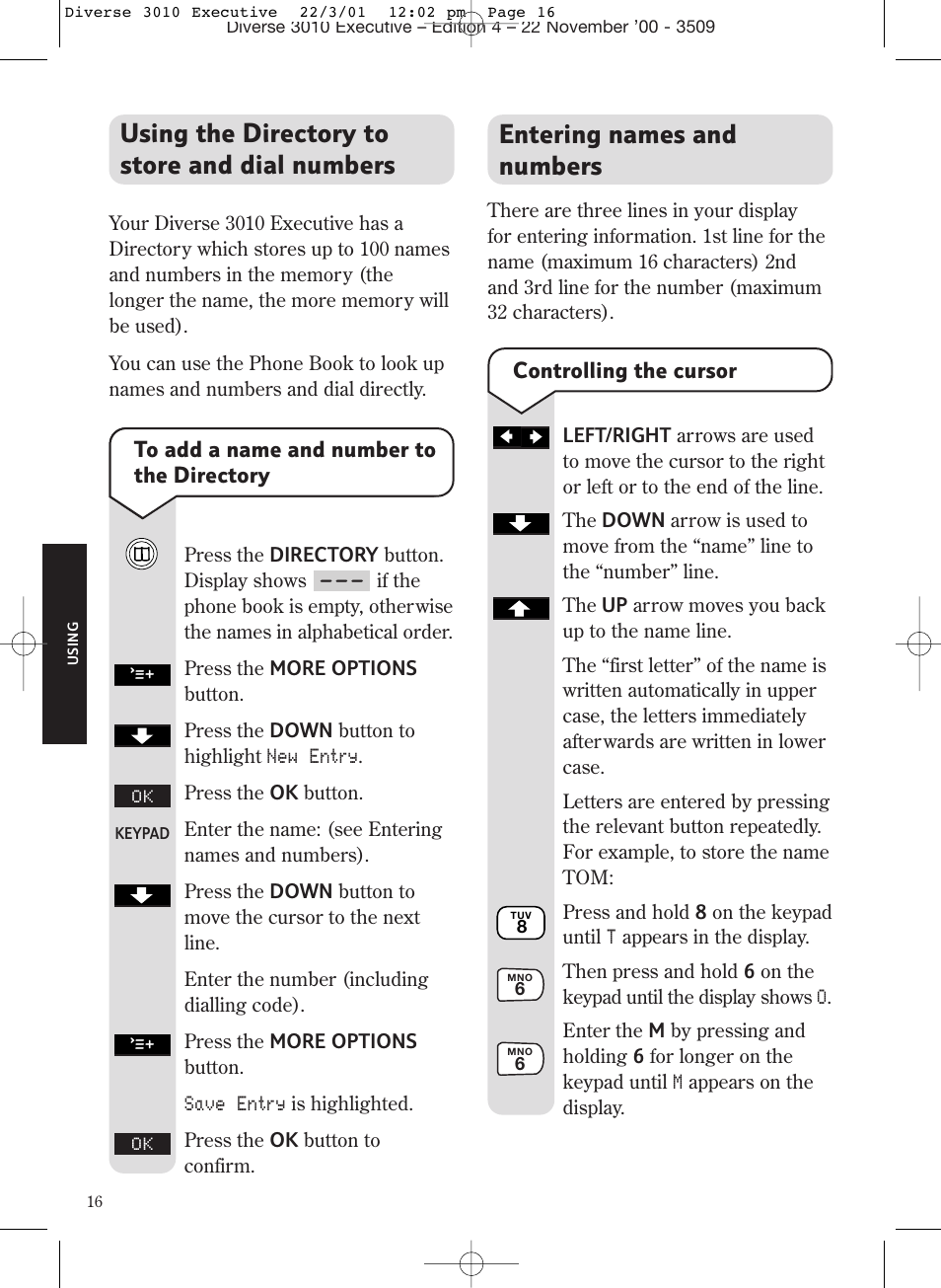 Entering names and numbers, Using the directory to store and dial numbers | BT 3010 Executive User Manual | Page 20 / 62