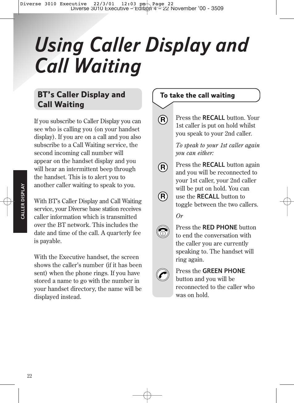 Using caller display and call waiting, Bt’s caller display and call waiting | BT 3010 Executive User Manual | Page 26 / 62