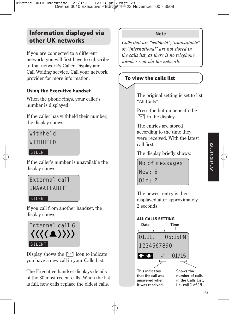 Information displayed via other uk networks, Withheld withheld, External call unavailable | Internal call 6 | BT 3010 Executive User Manual | Page 27 / 62