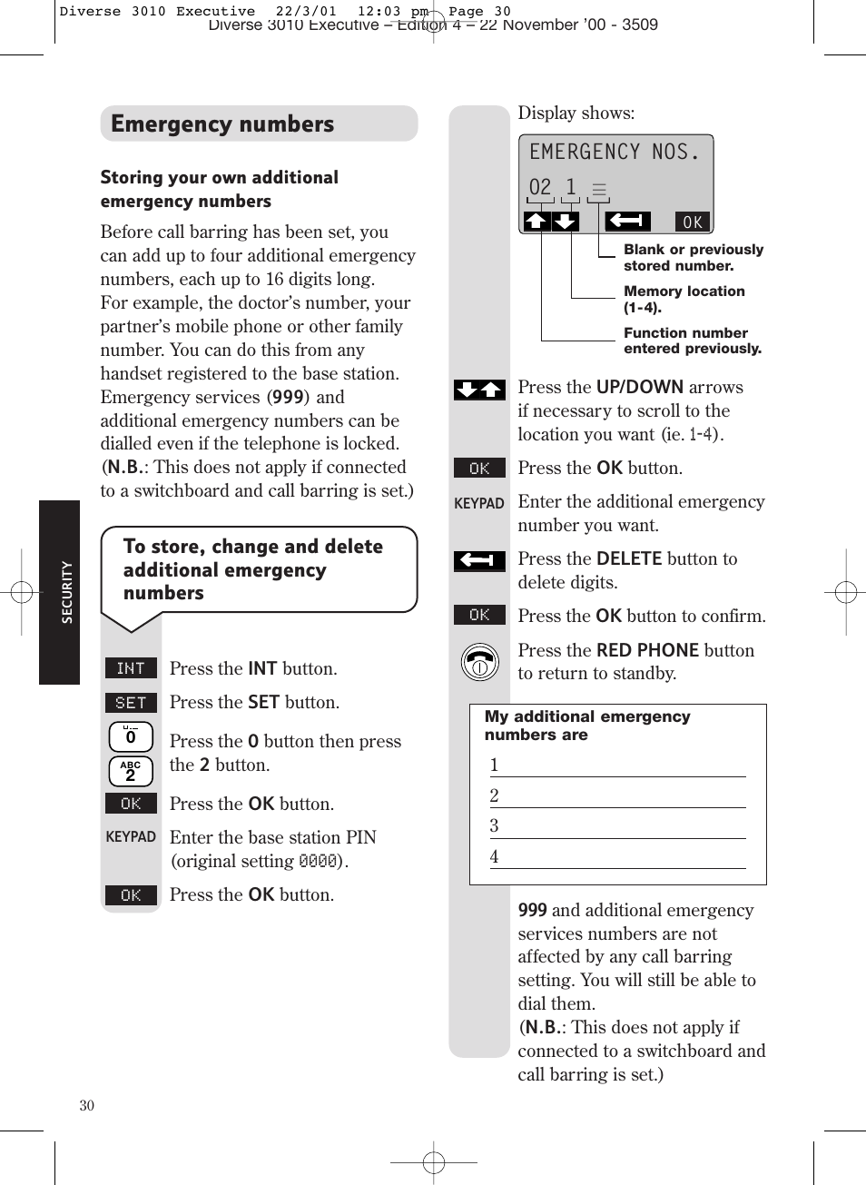 Emergency numbers, Emergency nos. 02 1 | BT 3010 Executive User Manual | Page 34 / 62
