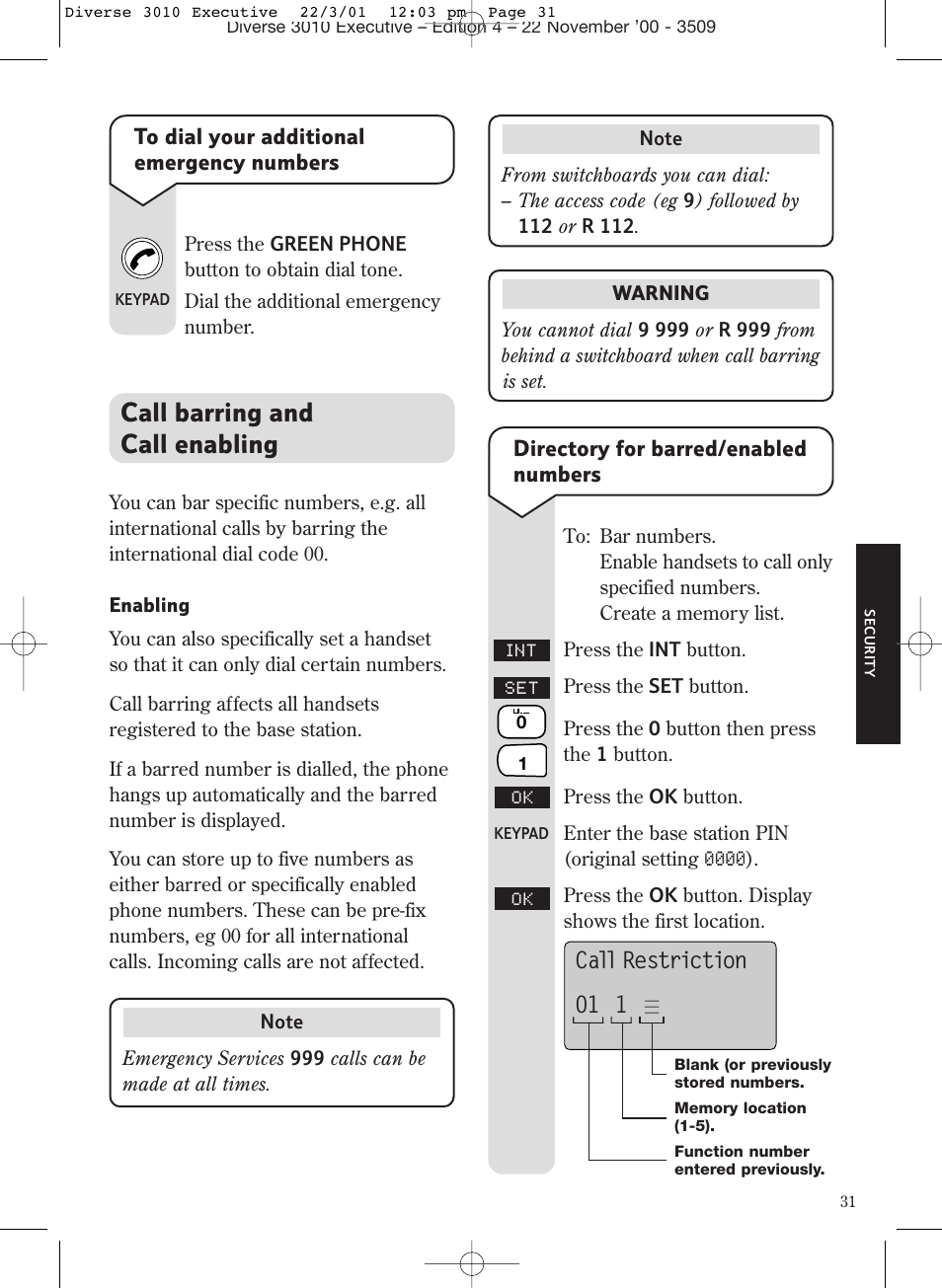 Call barring and call enabling, Call restriction | BT 3010 Executive User Manual | Page 35 / 62