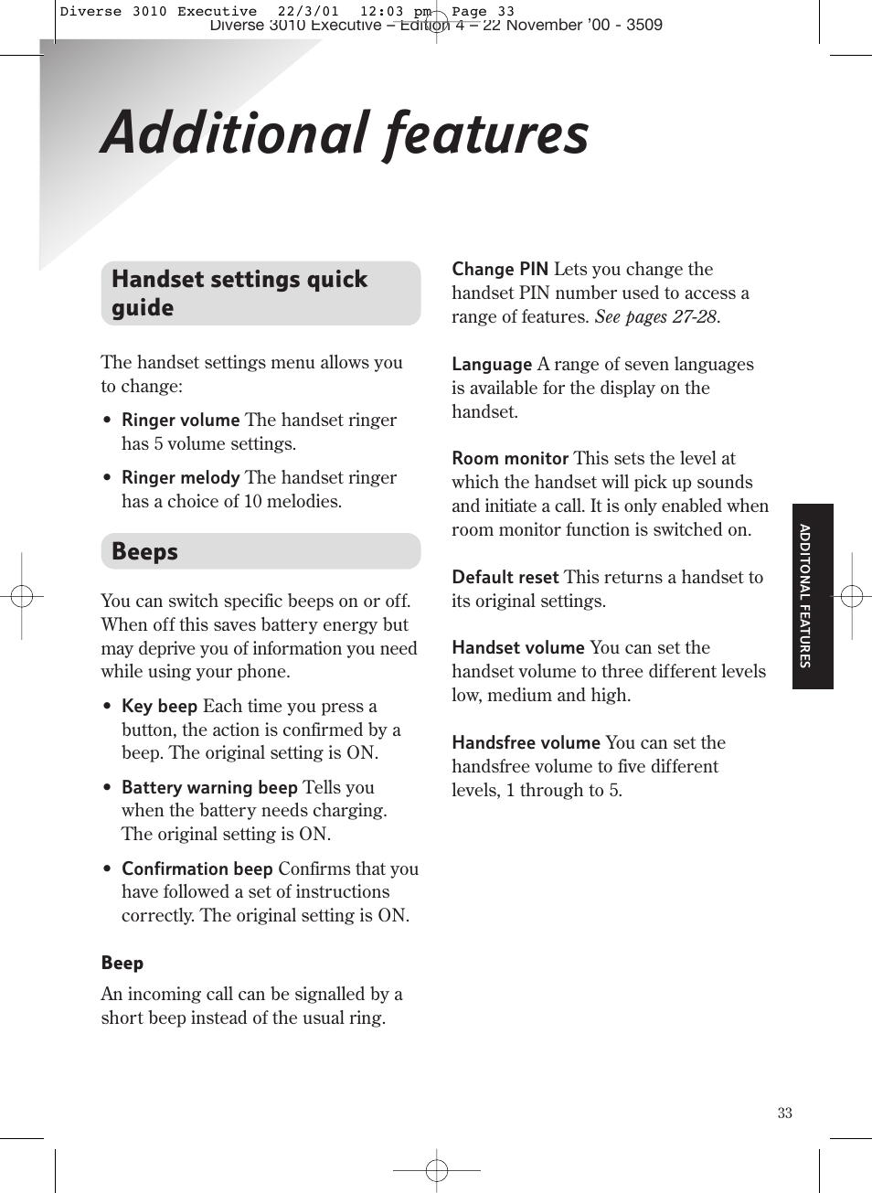 Additional features, Handset settings quick guide, Beeps | BT 3010 Executive User Manual | Page 37 / 62
