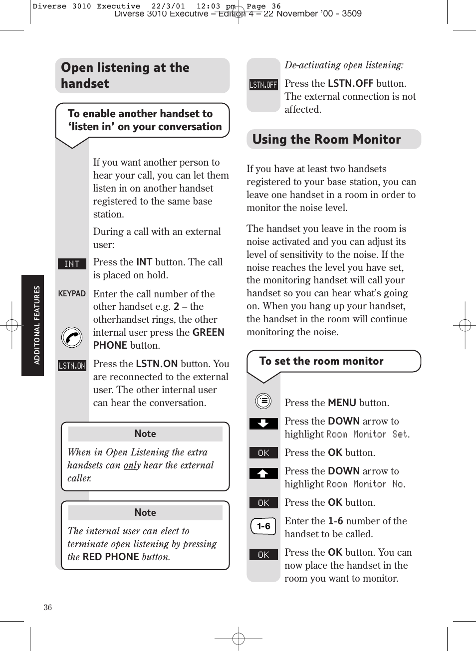 Using the room monitor, Open listening at the handset | BT 3010 Executive User Manual | Page 40 / 62