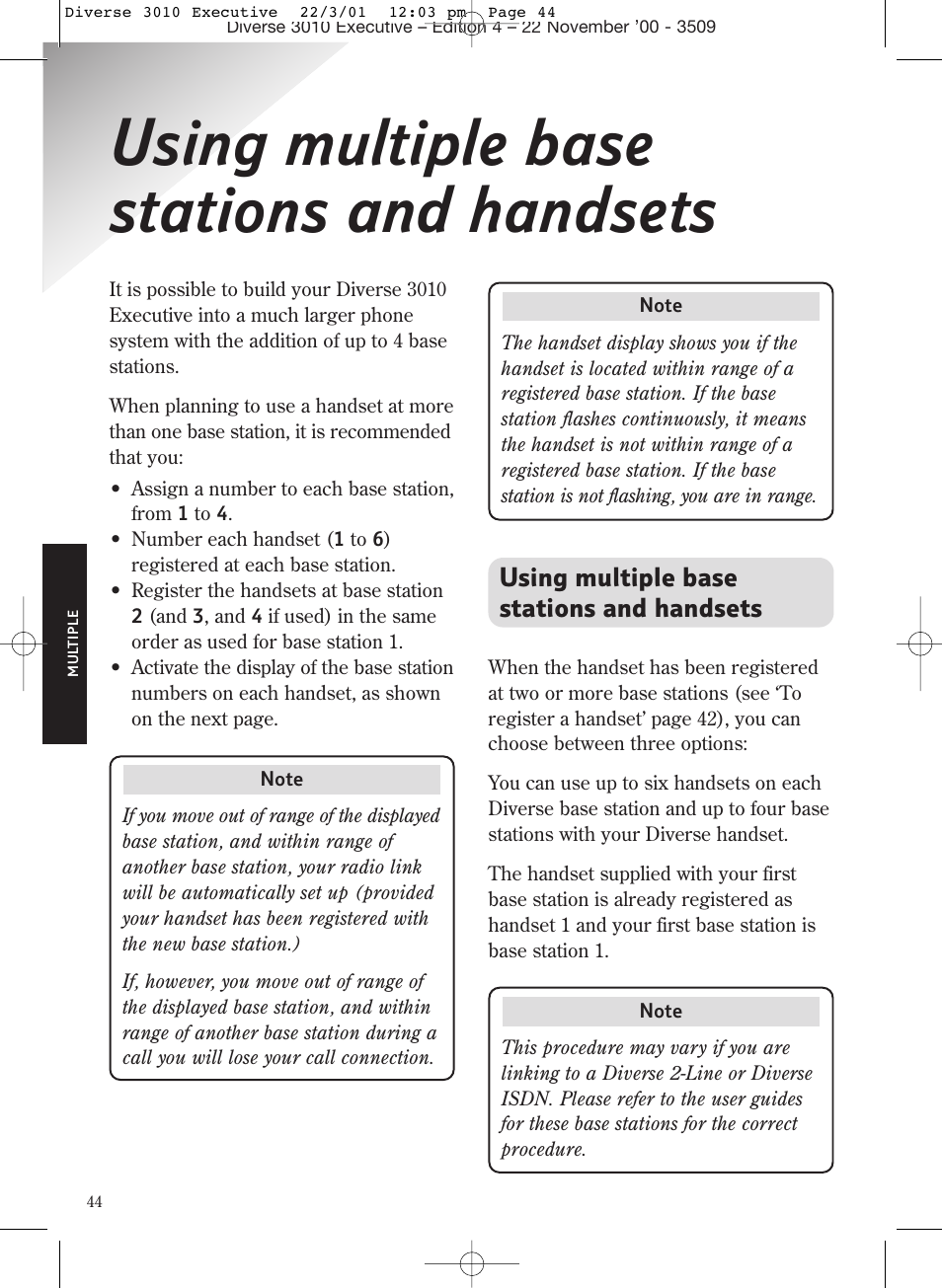 Using multiple base stations and handsets | BT 3010 Executive User Manual | Page 48 / 62