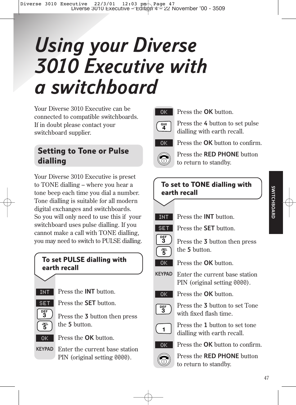 Setting to tone or pulse dialling | BT 3010 Executive User Manual | Page 51 / 62