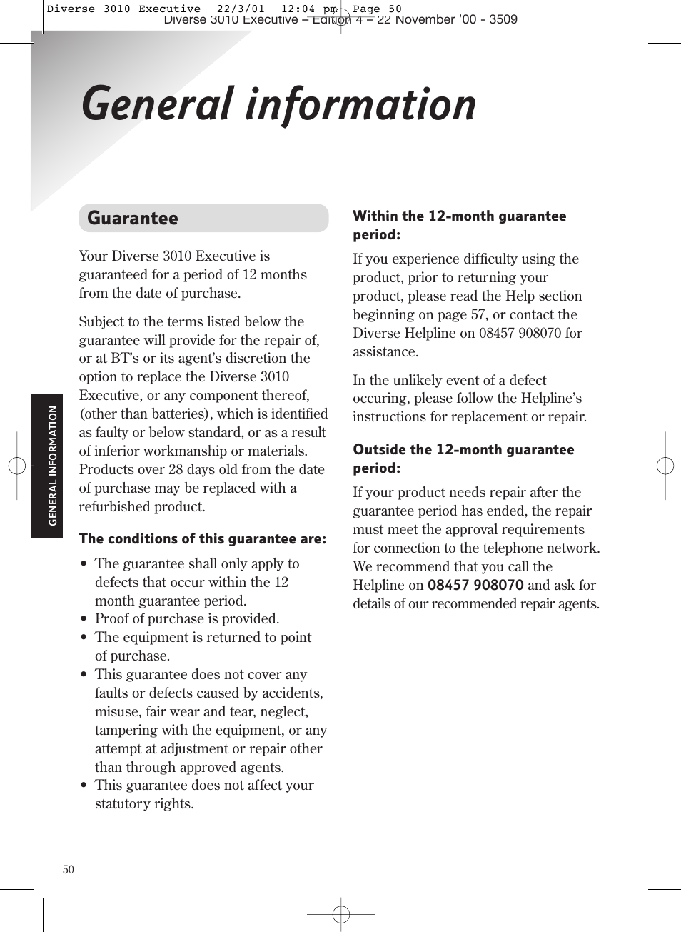 General information, Guarantee | BT 3010 Executive User Manual | Page 54 / 62