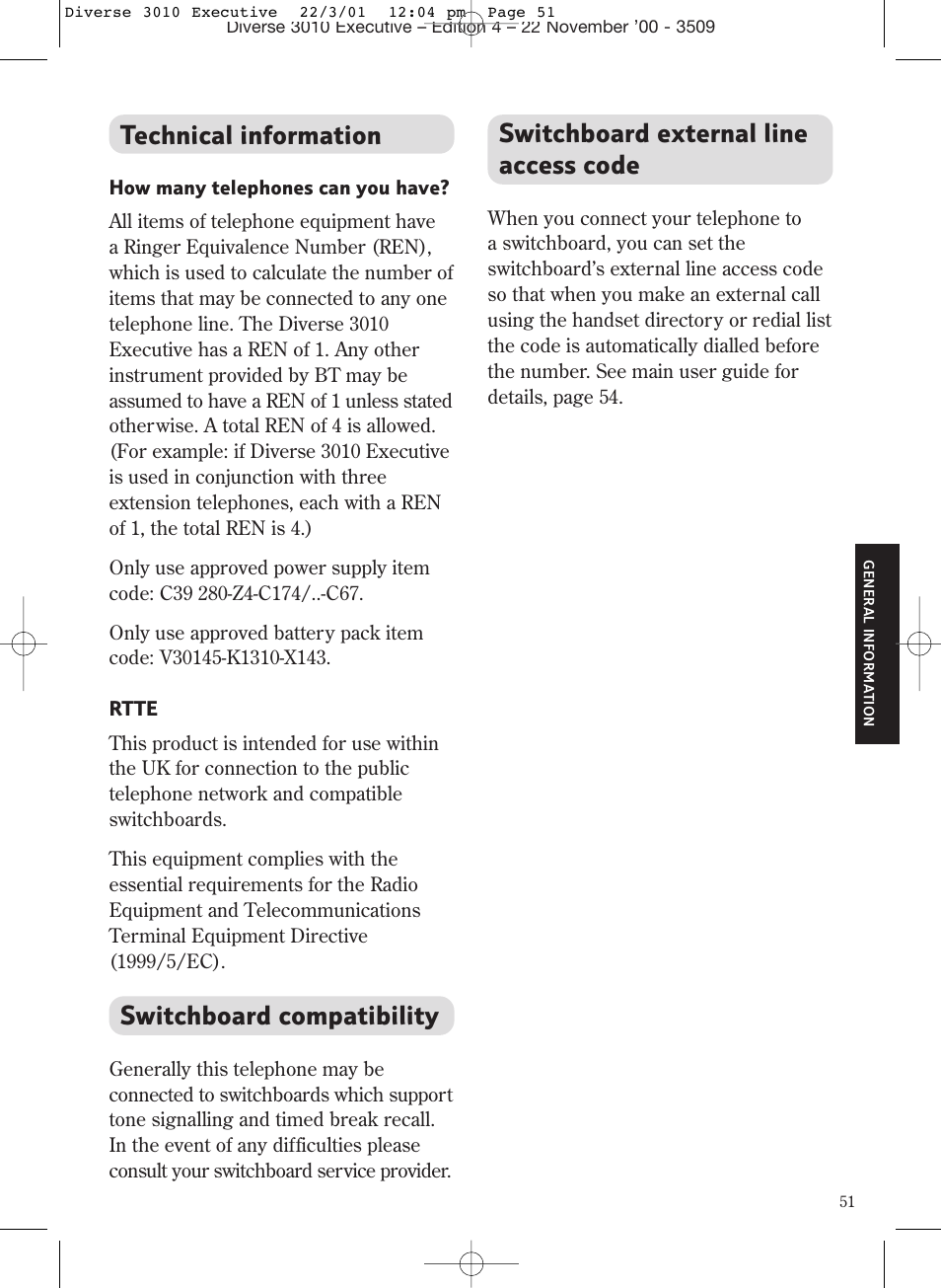 Technical information, Switchboard compatibility, Switchboard external line access code | BT 3010 Executive User Manual | Page 55 / 62