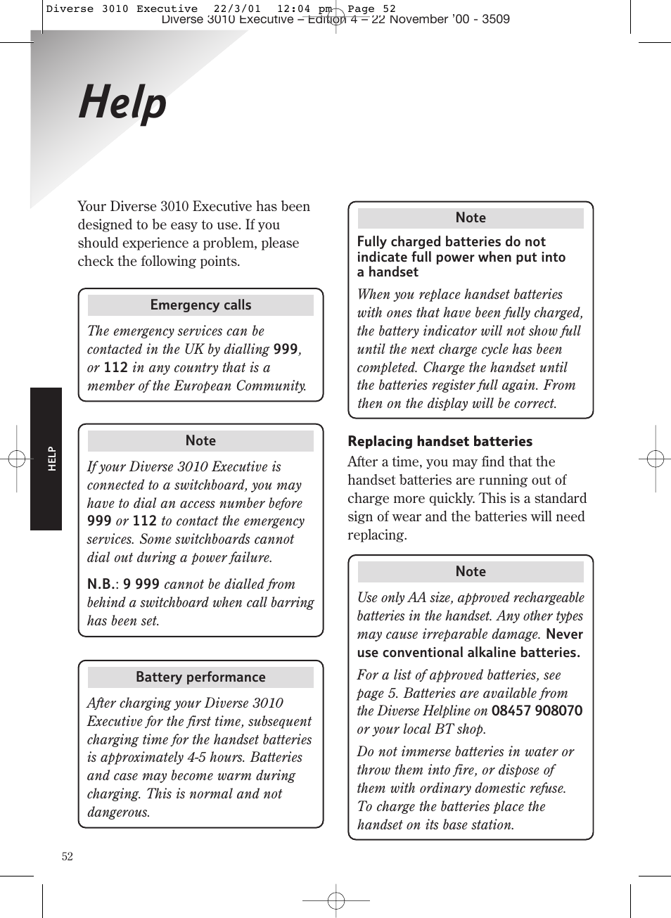 Help | BT 3010 Executive User Manual | Page 56 / 62