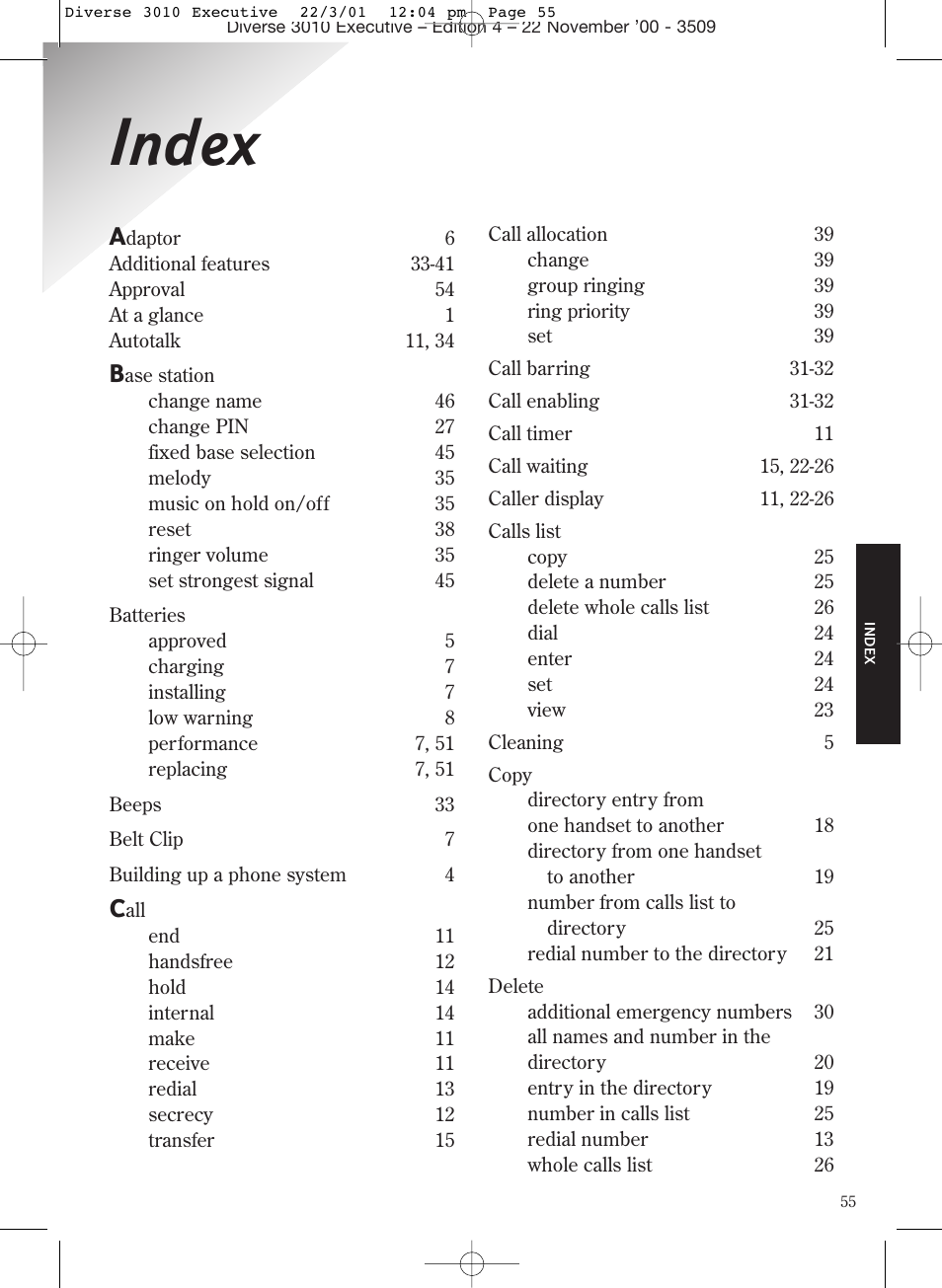 Index | BT 3010 Executive User Manual | Page 59 / 62