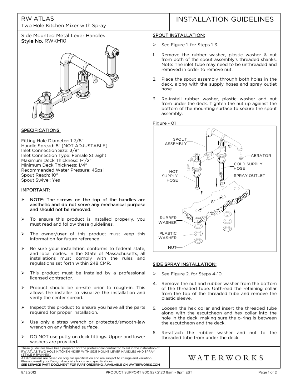 Waterworks R.W. Atlas Two Hole Bridge High Profile Kitchen Faucet, Metal Side Mount Levers and Spray User Manual | 2 pages