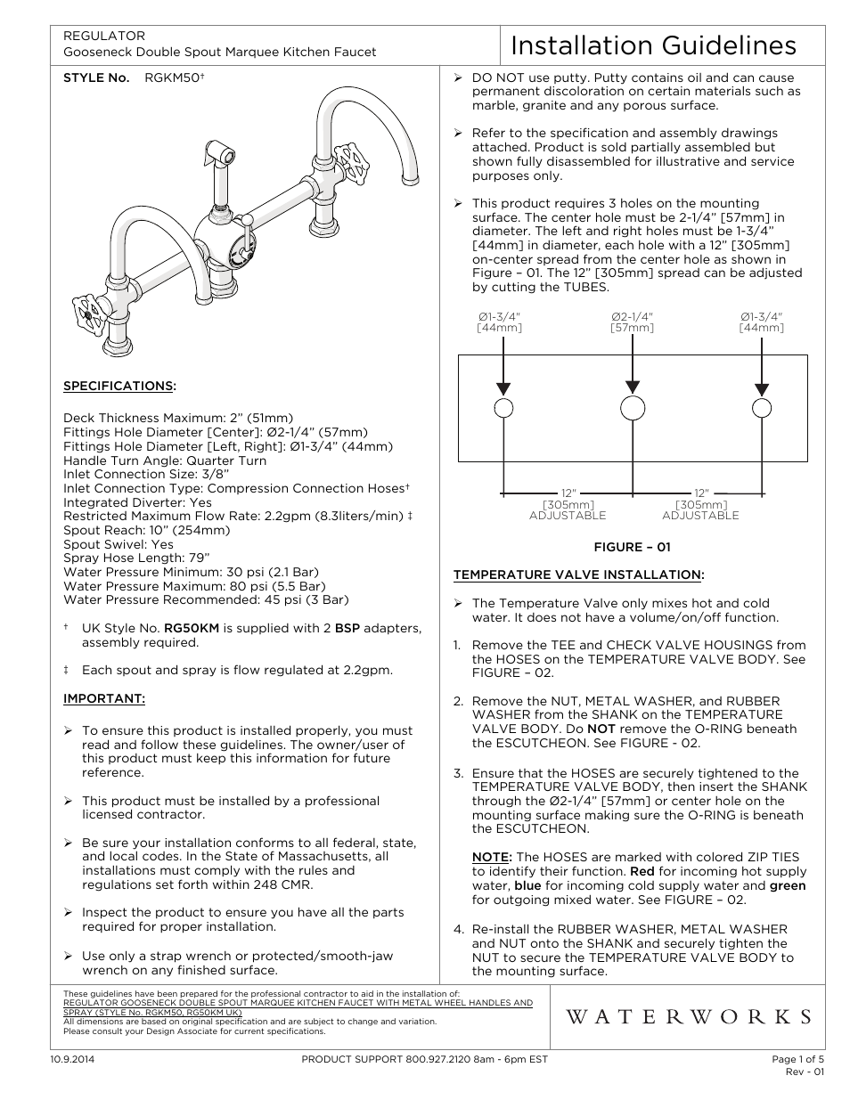 Waterworks Regulator Gooseneck Double Spout Marquee Kitchen Faucet, Metal Wheel Handles and Spray User Manual | 5 pages