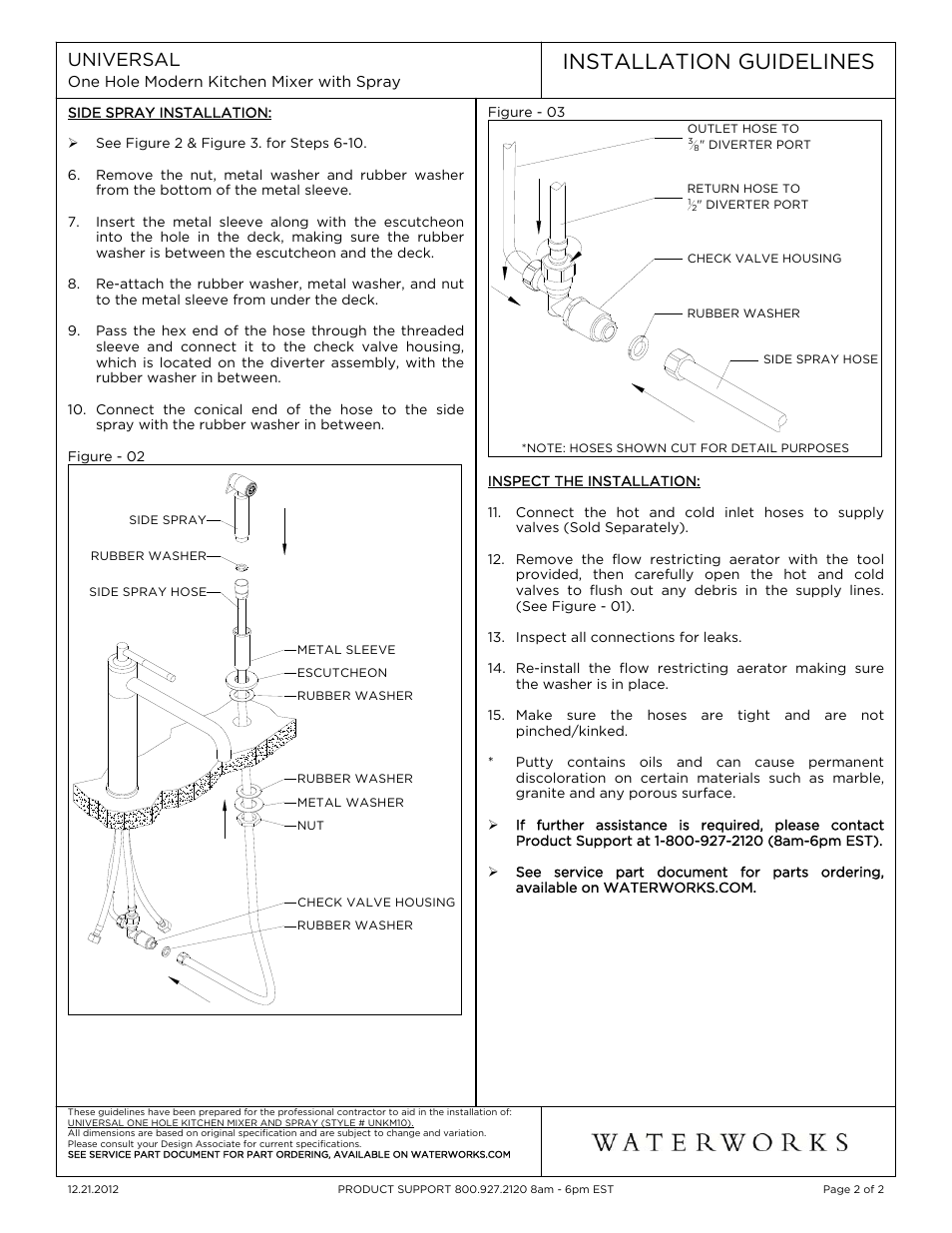Installation guidelines, Universal | Waterworks Universal Modern One Hole High Profile Kitchen Faucet, Metal Lever Handles and Spray User Manual | Page 2 / 2