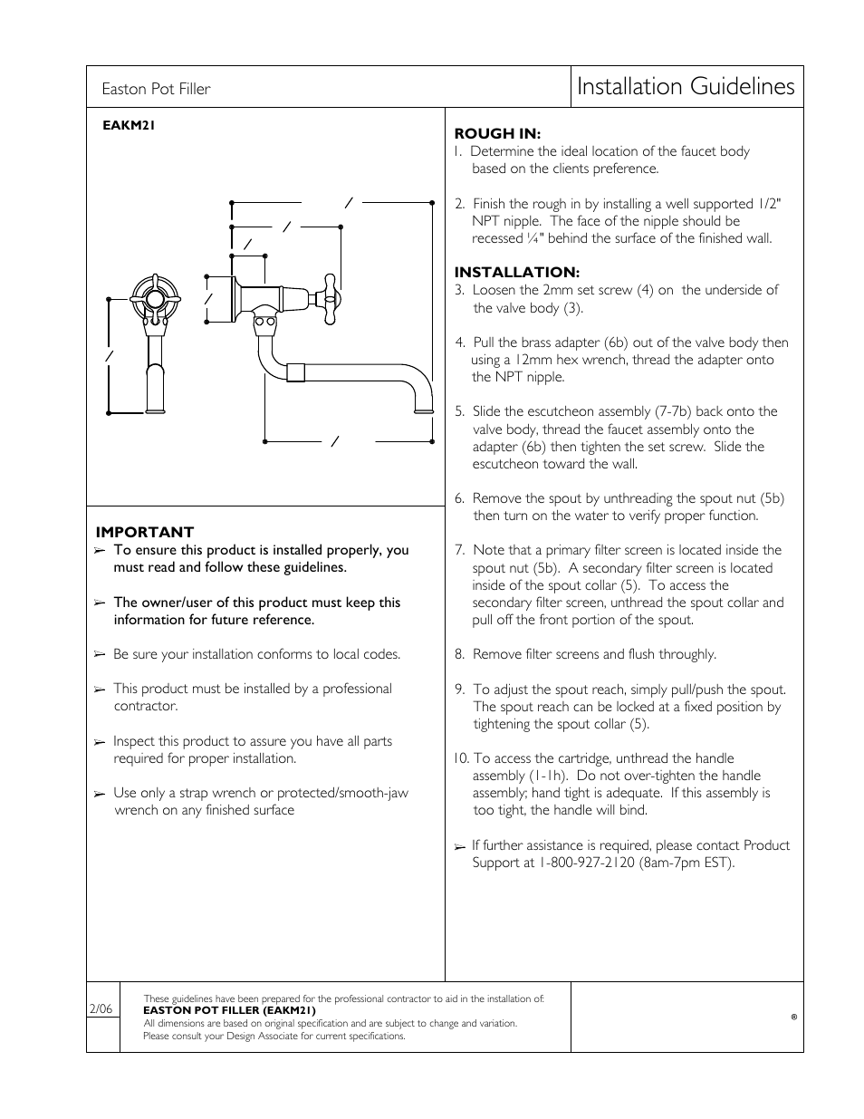 Waterworks Easton Classic Wall Mounted Extension Pot Filler, Metal Cross Handle User Manual | 2 pages