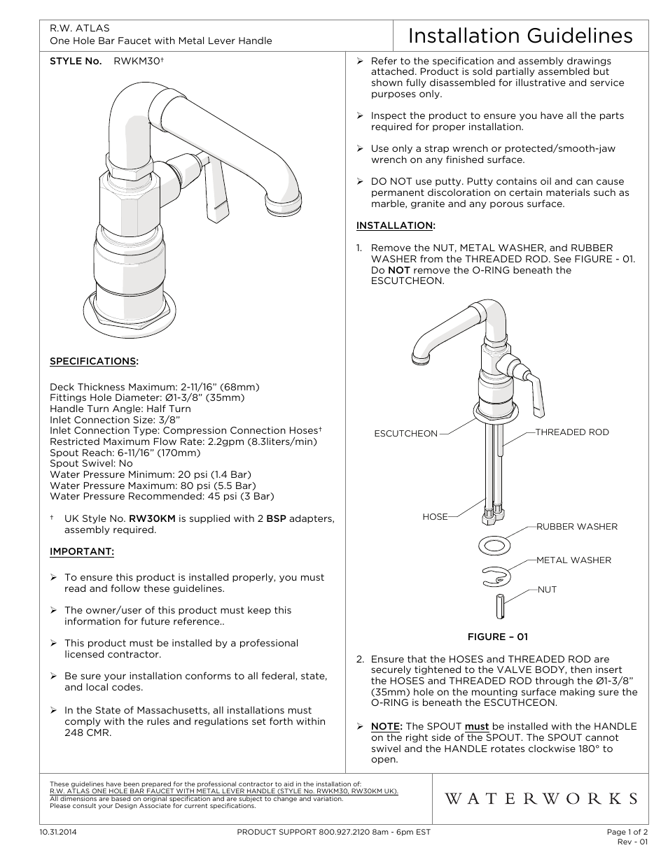 Waterworks R.W. Atlas One Hole Bar Faucet, Metal Lever Handle User Manual | 2 pages