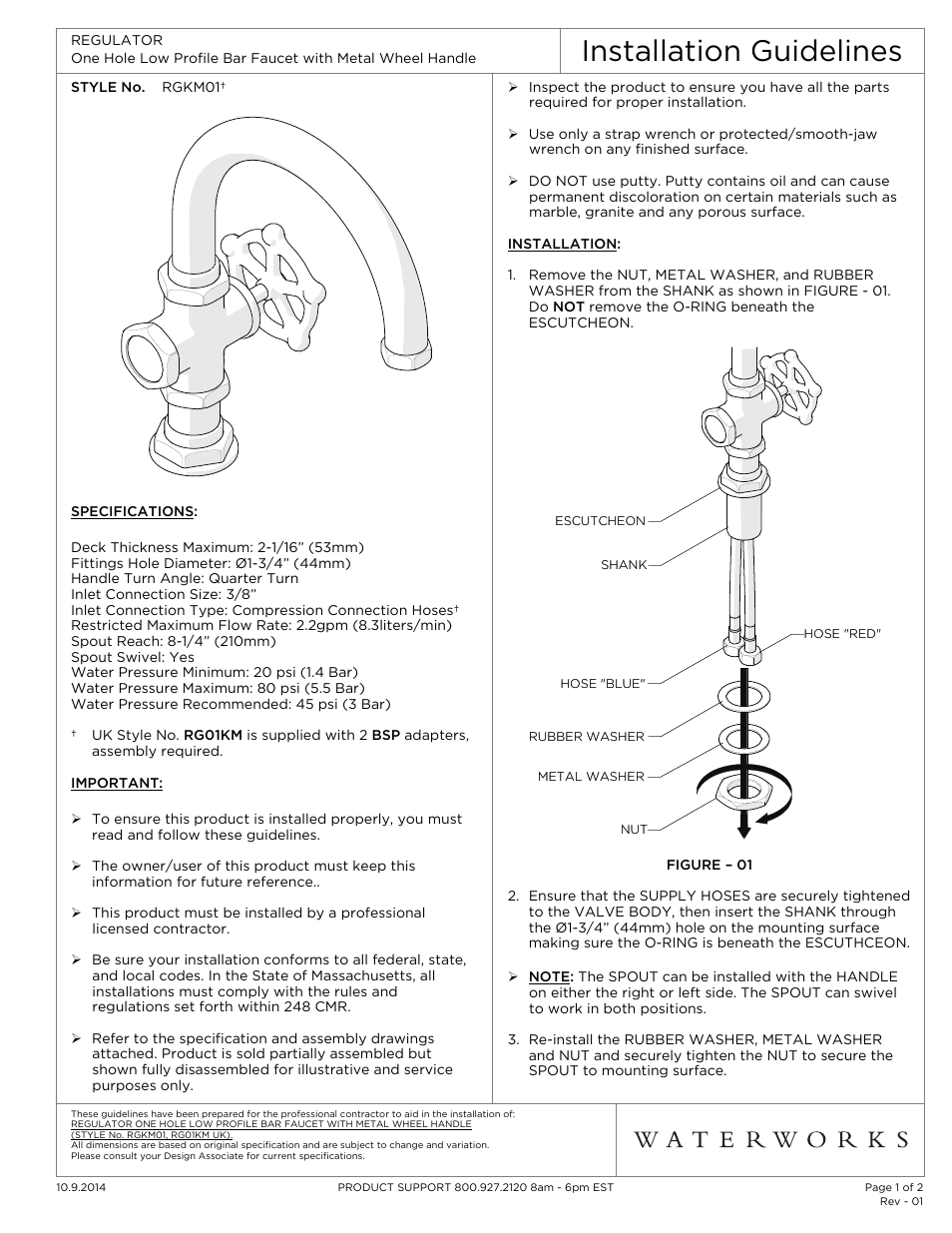 Waterworks Regulator One Hole Low Profile Bar Faucet, Metal Wheel Handle User Manual | 2 pages